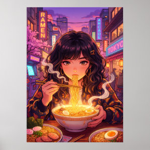 Anime Girl Eating Ramen In Tokyo Neon City Street Poster