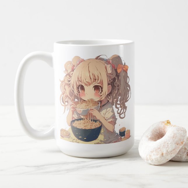 Anime Girl Eating Ramen Noodles Personalized Coffee Mug (With Donut)