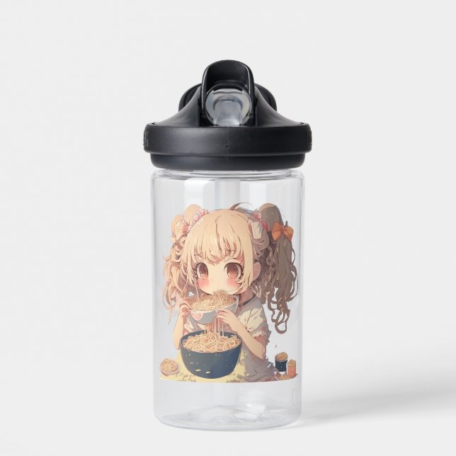 Anime Girl Eating Ramen Noodles Personalized Water Bottle (Front)