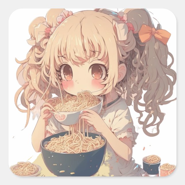 Anime Girl Eating Ramen Noodles Square Sticker (Front)