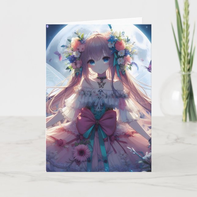 Anime Girl Flower Moon Fairy Card (Front)
