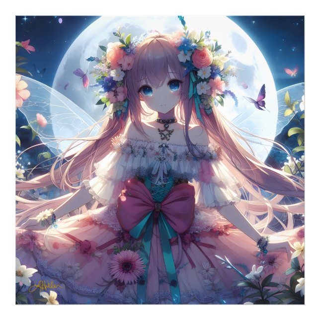 Anime Girl Flower Moon Fairy Photo Print (Front)