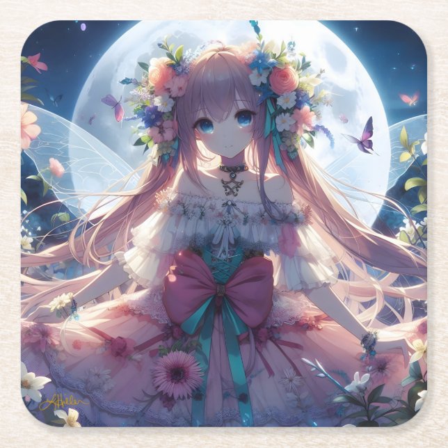 Anime Girl Flower Moon Fairy Square Paper Coaster (Front)