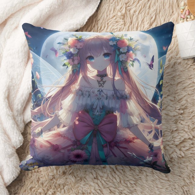 Anime Girl Flower Moon Fairy Throw Pillow (Blanket)