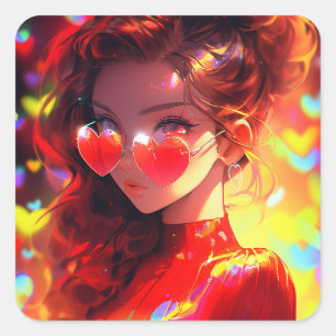 Anime Girl Hearts Square Sticker
