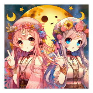 Anime Girl Hippie Moon Girls Giving Peace Sign