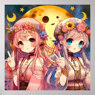 Anime Girl Hippie Moon Girls Giving Peace Sign
