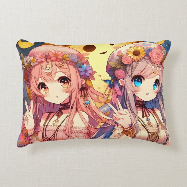 Anime Girl Hippie Moon Girls Giving Peace Sign Accent Pillow (Front)