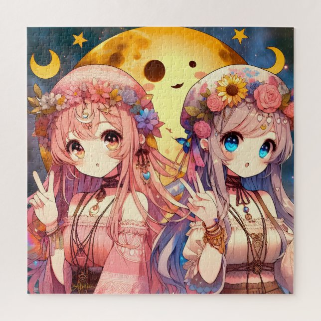 Anime Girl Hippie Moon Girls Giving Peace Sign Jigsaw Puzzle (Vertical)