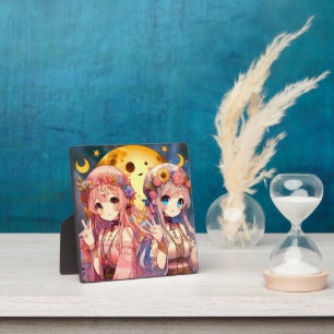 Anime Girl Hippie Moon Girls Giving Peace Sign Plaque