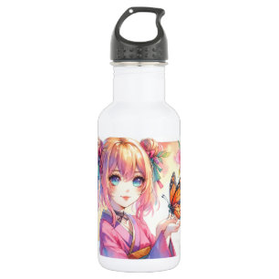 Anime Girl Holding a Butterfly 532 Ml Water Bottle