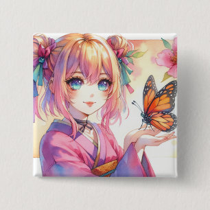Anime Girl Holding a Butterfly Ai Art 2 Inch Square Button
