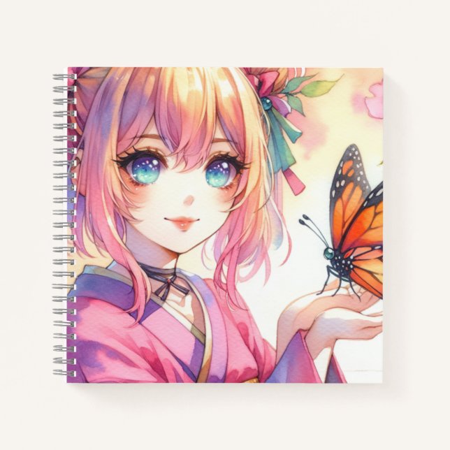Anime Girl Holding a Butterfly Notebook (Front)