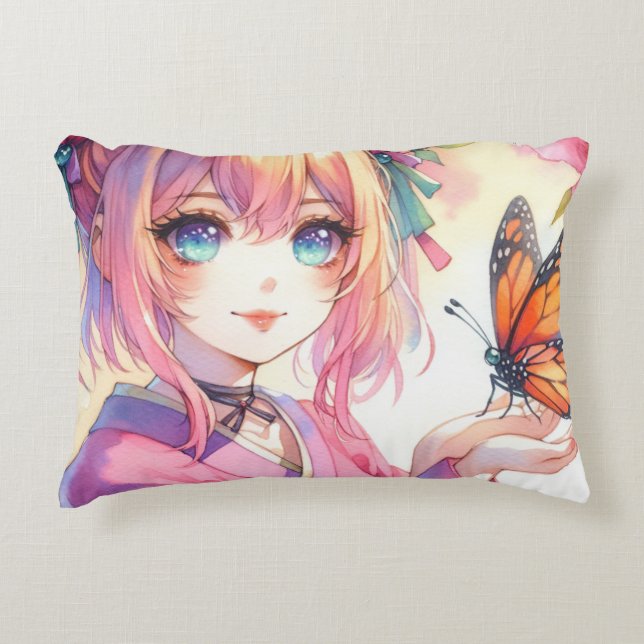 Anime Girl Holding a Butterfly Personalized Accent Pillow (Front)