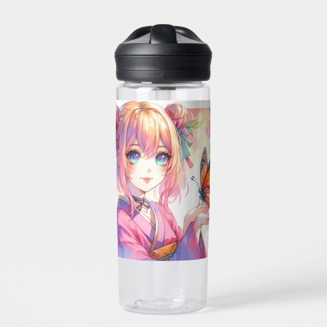 Anime Girl Holding a Butterfly Personalized Water Bottle (Front)