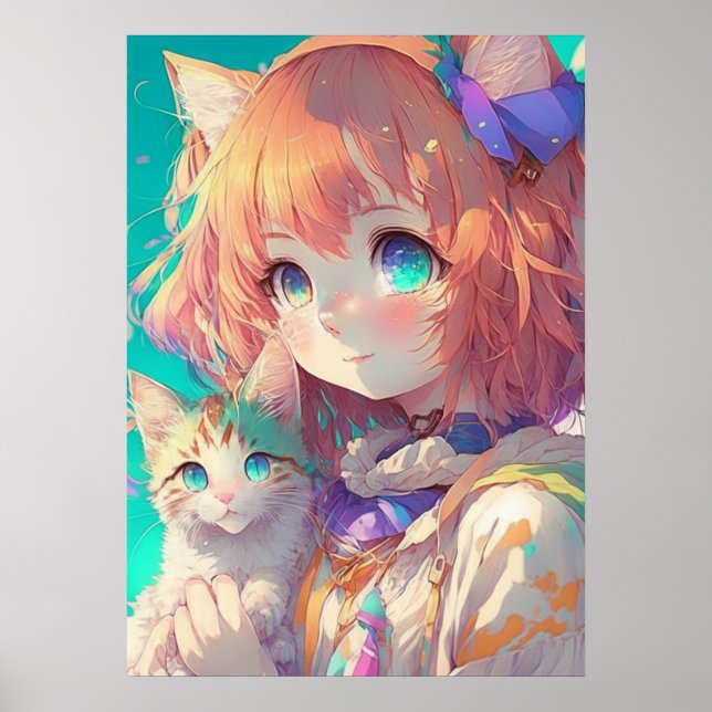 Anime Girl Holding an Adorable Kitten Poster (Front)