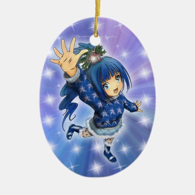 Anime Girl Holiday Hi! Ceramic Ornament (Front)