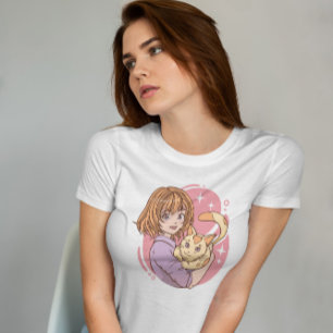 Anime Girl Hugging A Cat  T-Shirt