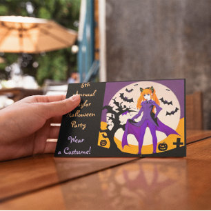 Anime Girl in Cat Costume Halloween Party Invites Postcard