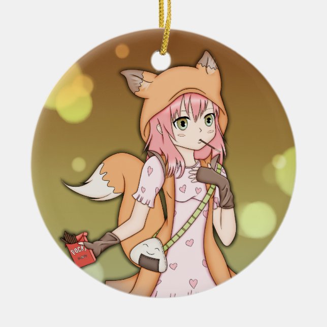 Anime Girl in Fox Cosplay Ceramic Ornament (Front)