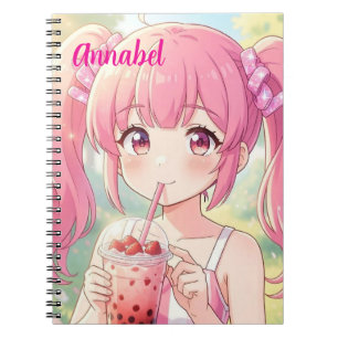 Anime Girl in Pink Drinking Bubble Tea Personalize Notebook