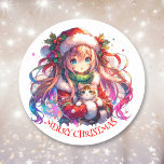 Anime Girl in Santa Hat Watercolor Christmas Classic Round Sticker<br><div class="desc">Watercolor anime girl in Santa hat with cute kitten Christmas stickers.</div>