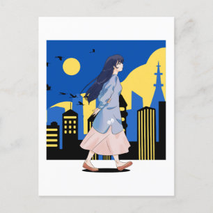 Anime girl in the city of night postcard