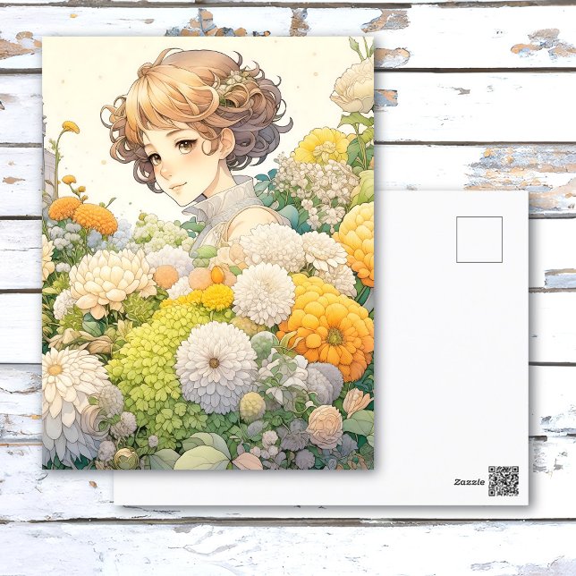 Anime Girl in Yellow Flowers Personalized Birthday Postcard (Creator Uploaded)