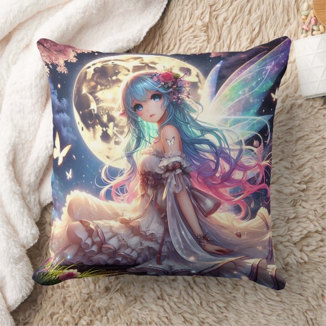 Anime Girl Moon Fairy Princess in Garden Throw Pillow (Blanket)