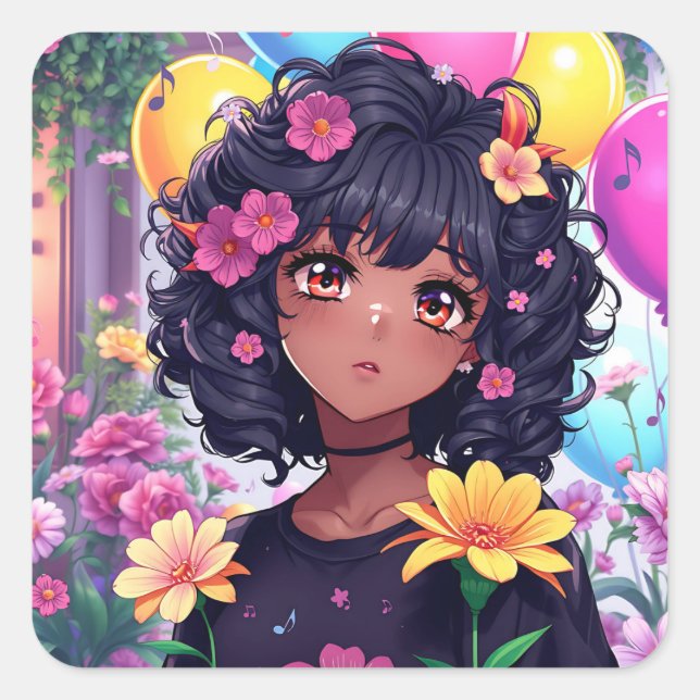 Anime Girl of Colour Birthday Square Sticker (Front)