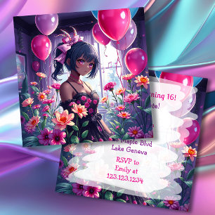 Anime Girl of Colour Floral Birthday Invitation