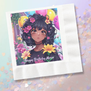 Anime Girl of Colour Personalized Birthday Napkin