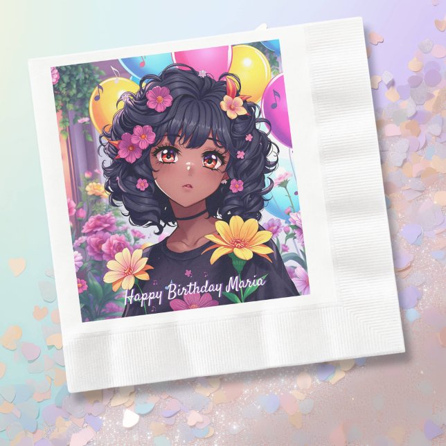 Anime Girl of Colour Personalized Birthday Napkin (Creator Uploaded)