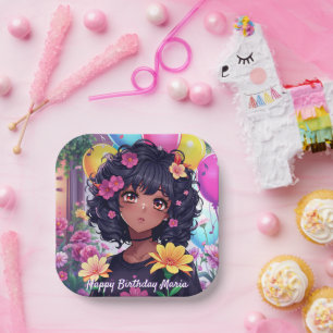 Anime Girl of Colour Personalized Birthday Paper Plate