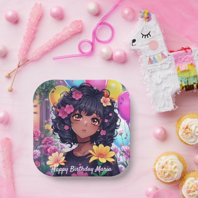Anime Girl of Colour Personalized Birthday Paper Plate (Party)