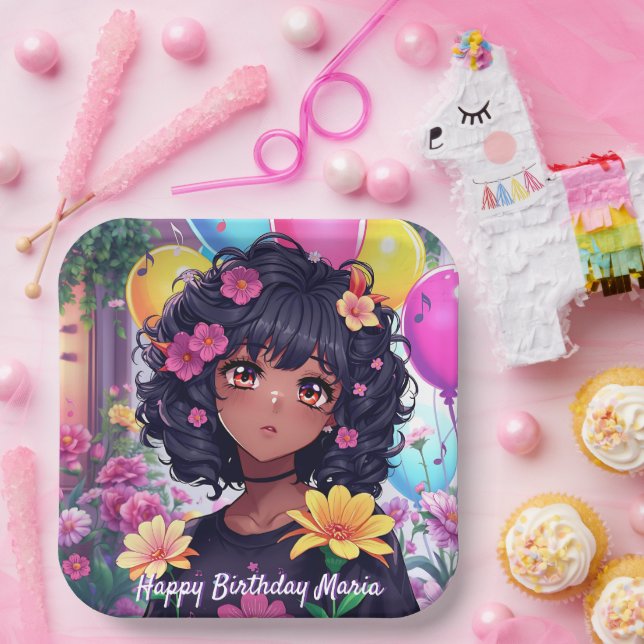 Anime Girl of Colour Personalized Birthday Paper Plate (Party)