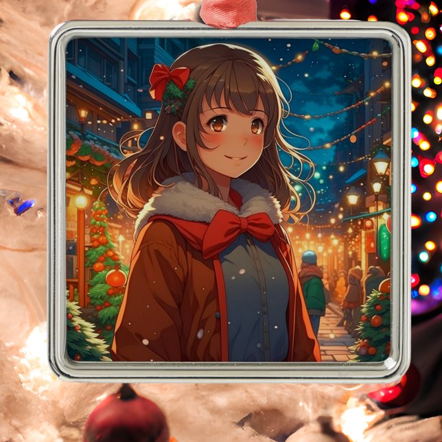 Anime Girl on Christmas Night Metal Ornament (Creator Uploaded)