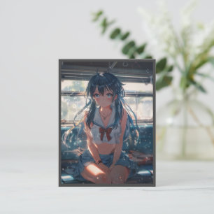 Anime Girl on Train Holiday Postcard