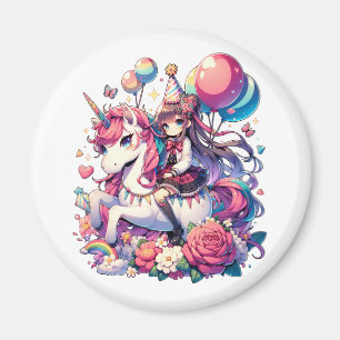 Anime Girl on Unicorn Birthday Magnet
