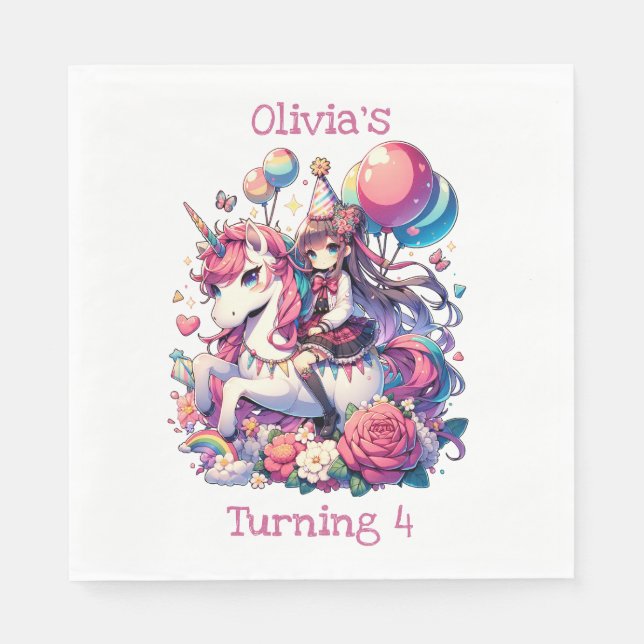 Anime Girl on Unicorn Birthday Personalized Napkin (Front)