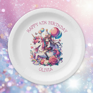 Anime Girl on Unicorn Birthday Personalized Paper Plate