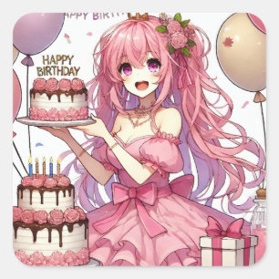 Anime girl Pink birthday Square Sticker