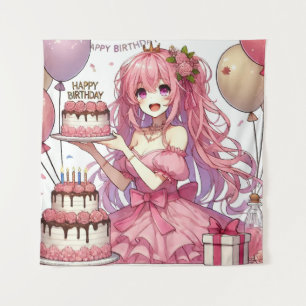 Anime girl Pink birthday  Tapestry