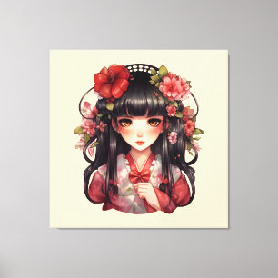 Anime girl pink flowers canvas print