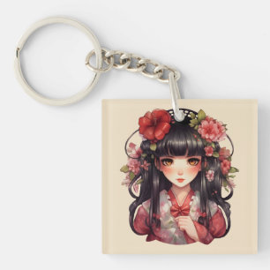 Anime girl pink flowers keychain