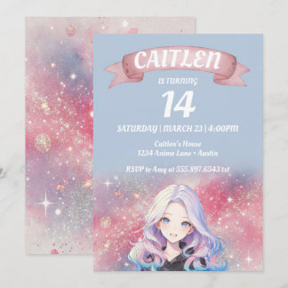 Anime Girl Pink Glitter Birthday Invitation