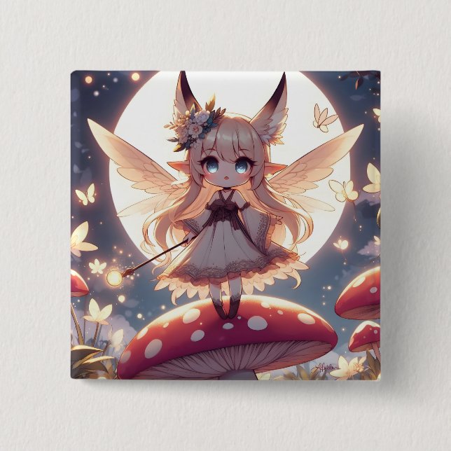 Anime Girl Pixie Hippie Moon Fairy 2 Inch Square Button (Front)