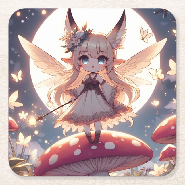 Anime Girl Pixie Hippie Moon Fairy Square Paper Coaster (Front)