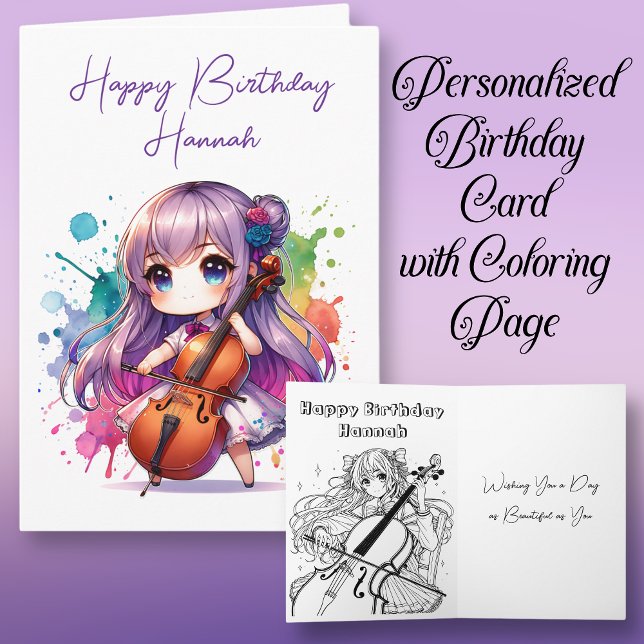 Anime Girl Playing Cello Personalized Birthday Card (Creator Uploaded)