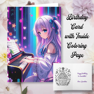 Anime Girl Playing Piano Personalized Birthday Card